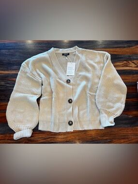 Light Cream Button-Front Ribbed Women's Sweater Cardigan